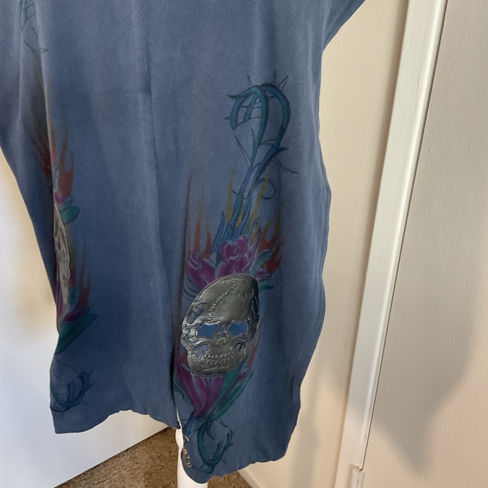 Christian Audigier Ed Hardy Navy Blue Skull Floral Embroidered Cotton Wrap - Picture 3 of 9